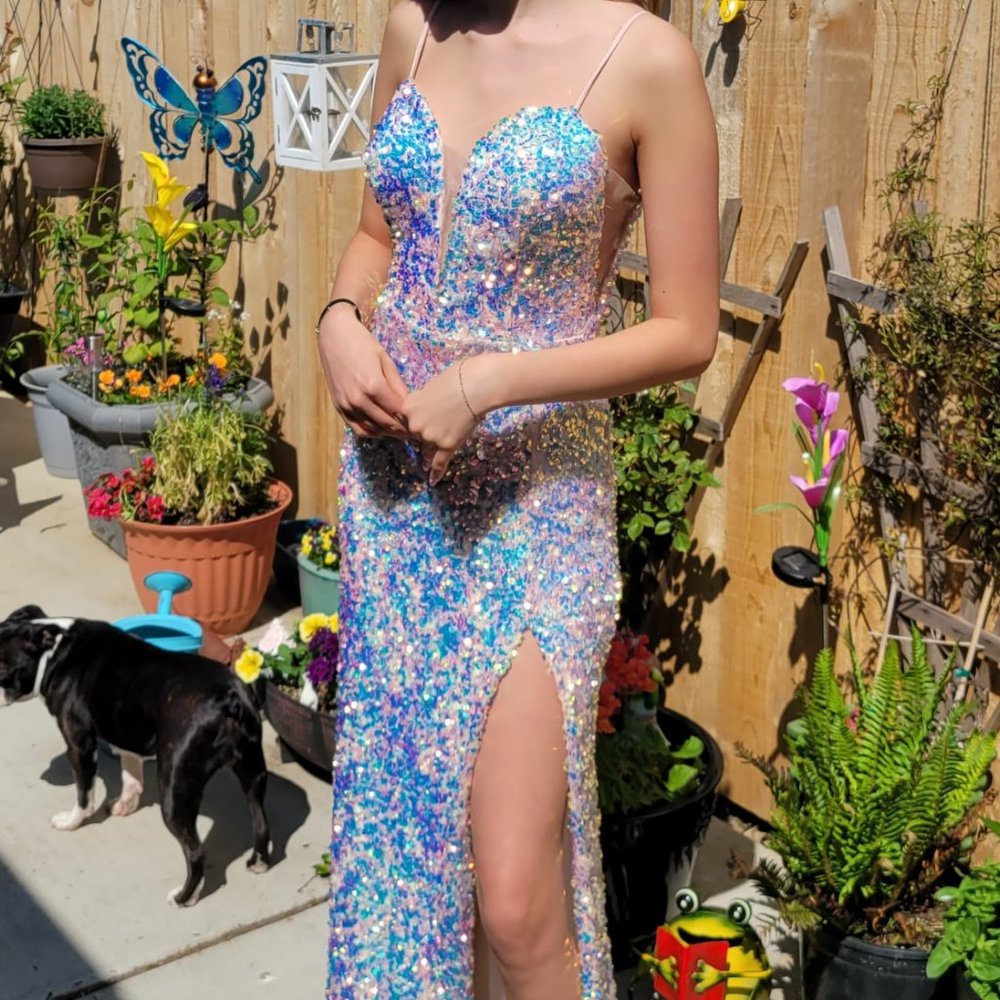 Stunning Champagne sequin leg slit prom dress gown 0 2 XS